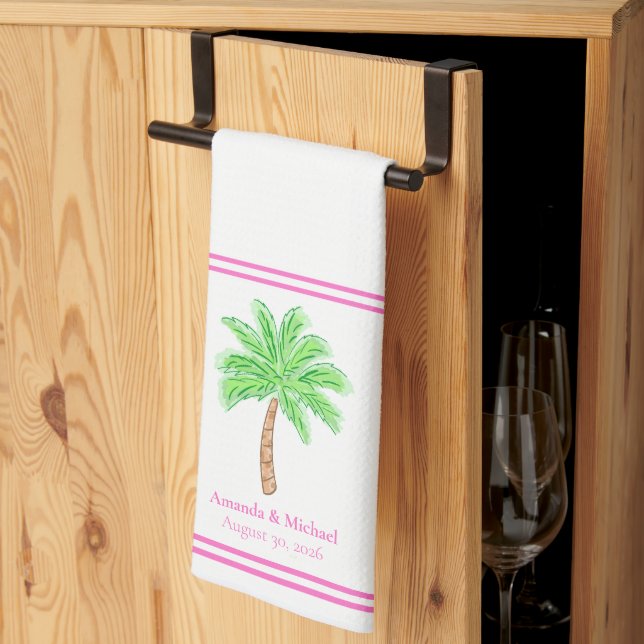 Custom Palm Tree Wedding / Names & Wedding Date Tea Towel (Thirds Fold)