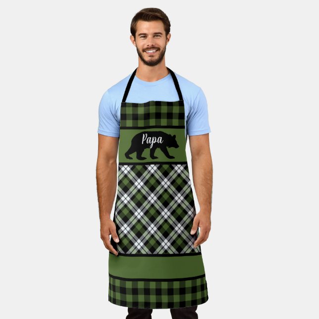 Custom Papa Mama Bear Green Black Buffalo Checks Apron (Worn)