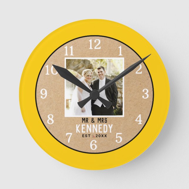 Custom Paper 1st Wedding Anniversary Yellow Frame Round Clock (Front)