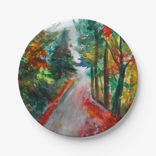 Custom Paper Plates Autumn Landscape  Watercolor (Front)