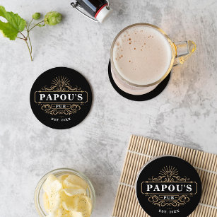 Custom Papou's Pub Home Bar Year Established Round Paper Coaster