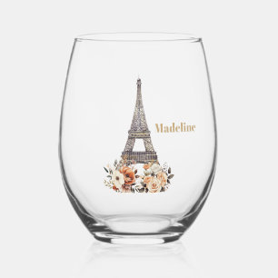 Custom Paris Eiffel Tower Beautiful Floral Stemless Wine Glass