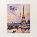 Custom Paris France Eiffel Tower Sunset Watercolor Jigsaw Puzzle<br><div class="desc">A luminous watercolor illustration of the Eiffel Tower in Paris, France, set against a radiant sunset sky with shades of lavender, blush, and gold. The scene captures the bridge over the Seine River, where gentle reflections of the tower and lamplights reflect on the water’s surface. Architectural details and soft pastel...</div>