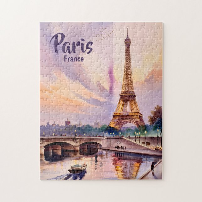 Custom Paris France Eiffel Tower Sunset Watercolor Jigsaw Puzzle (Vertical)