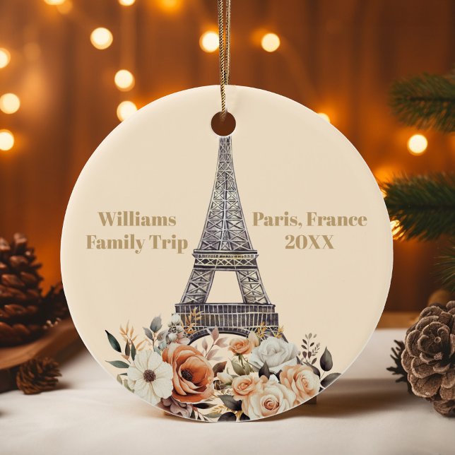 Custom Paris Trip Eiffel Tower Floral Christmas Ceramic Tree Decoration (Creator Uploaded)