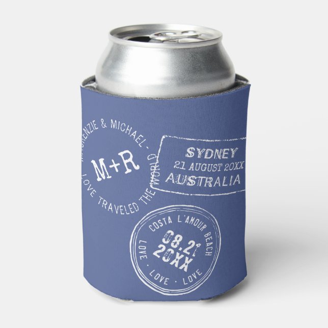 Custom Passport Destination Wedding Favour Blue Can Cooler (Can Front)