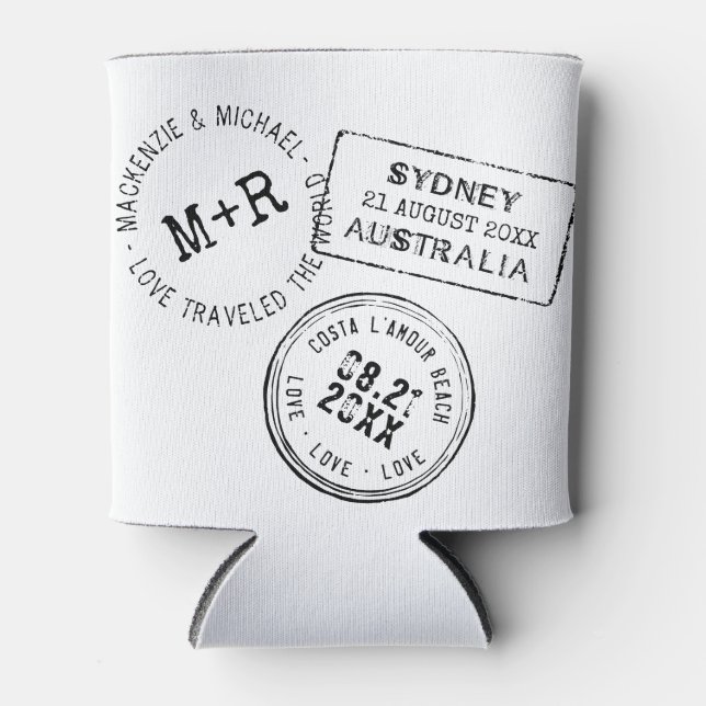 Custom Passport Stamp Destination Wedding Favour Can Cooler (Front)