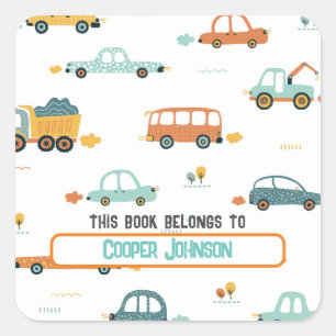 Custom pastel blue and orange car name bookplate square sticker