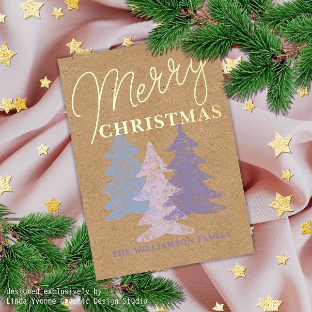 Custom Pastel Blue Blush Pink Violet Trees Gold Foil Holiday Postcard (Creator Uploaded)