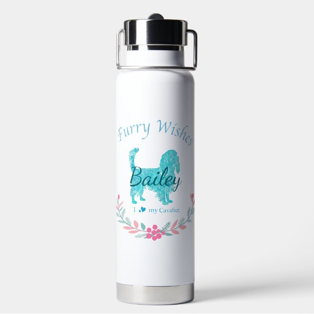 Custom Pastel Blue Cavalier Silhouette Christmas Water Bottle (Back)