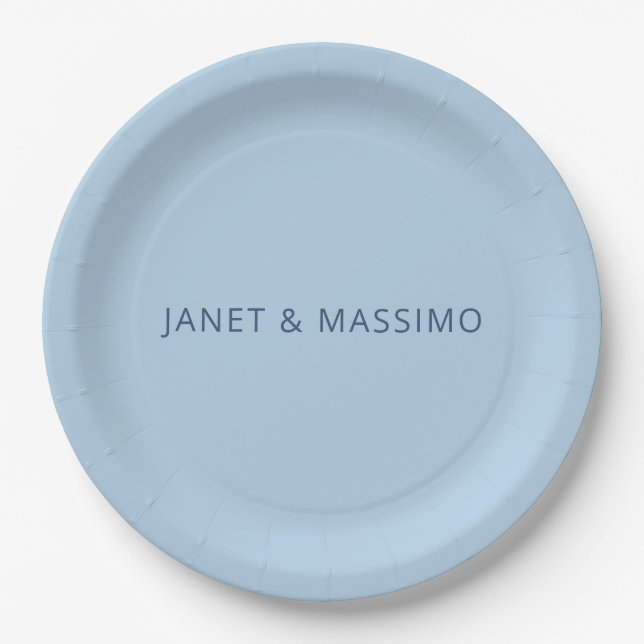 Custom pastel blue personalised minimalist name paper plate (Front)