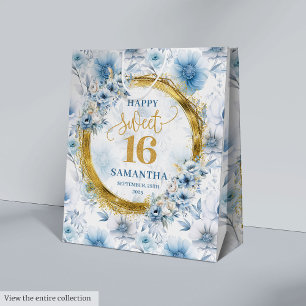 Custom Pastel Blue Sweet 16 Gold Glitter Gift Bag