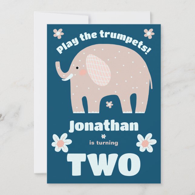 Custom pastel boho floral elephant 2nd birthday invitation (Front)