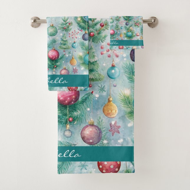 Custom Pastel Christmas Tree Ornament Holly Berry Bath Towel Set (Insitu)