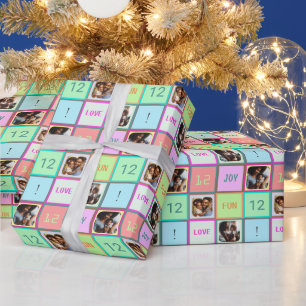 Custom Pastel Colorful Squares with Text, 3 Photos Wrapping Paper