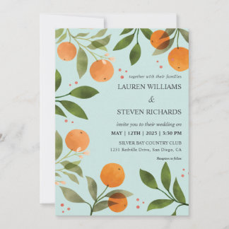 Custom Pastel Green Oranges Green florals Wedding Invitation