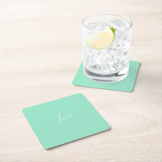 Custom Pastel Mint Solid Colour Minimalist Wedding Square Paper Coaster (Insitu)