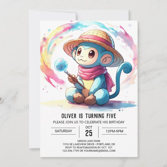 Custom Pastel Monkey Birthday Invitation (Front)