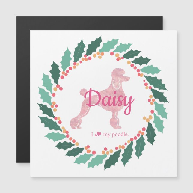 Custom Pastel Pink Poodle Christmas Magnet Card (Front/Back)