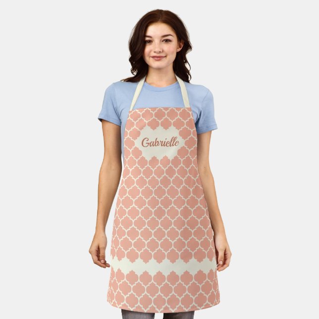 Custom Pastel Salmon Orange Ivory Trellis Pattern Apron (Worn)