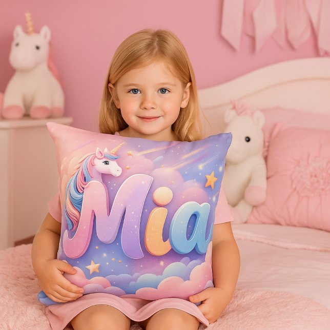 Custom Pastel Unicorn Name Pillow (Custom unicorn-themed nursery decor with child's name in rainbow colors)