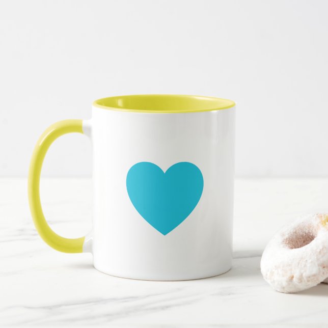 Custom Pastel Yellow & Teal Blue Heart Ceramic Mug (With Donut)