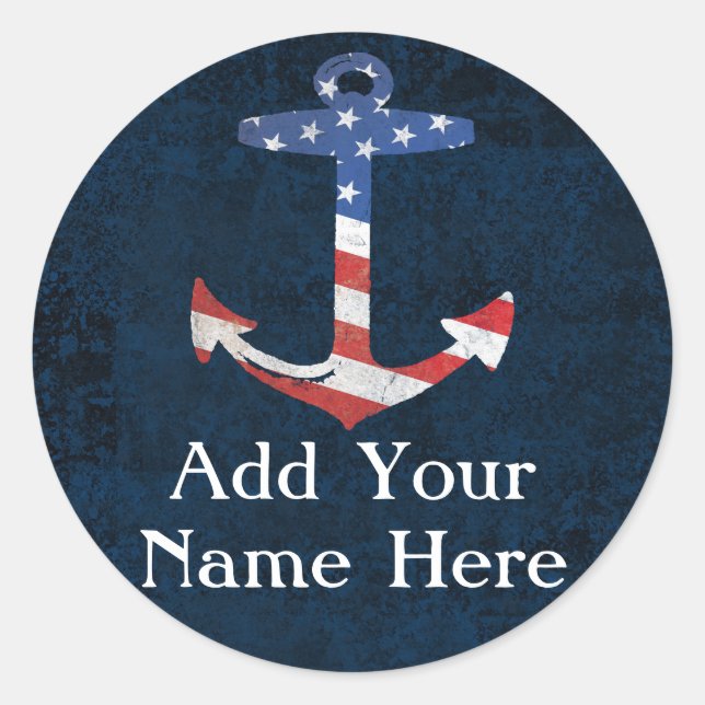 Custom Patriotic American Flag Anchor Nautical Classic Round Sticker (Front)
