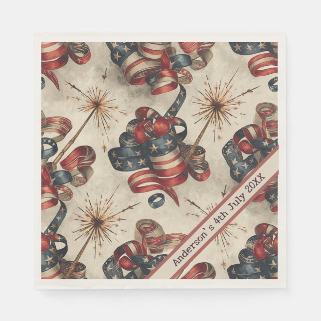 Custom Patriotic Flag Banner Fireworks 4th July Napkin (Front)
