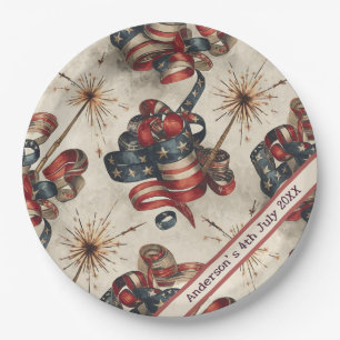 Custom Patriotic Flag Banner Fireworks 4th July Paper Plate