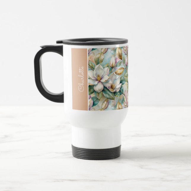 Custom Pattern Elegant Magnolia Flowers Travel Mug (Left)