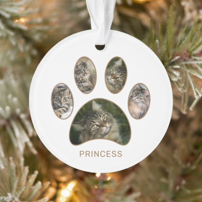 Custom Paw Print Cat Name Year Photo Collage Ornament (Tree)