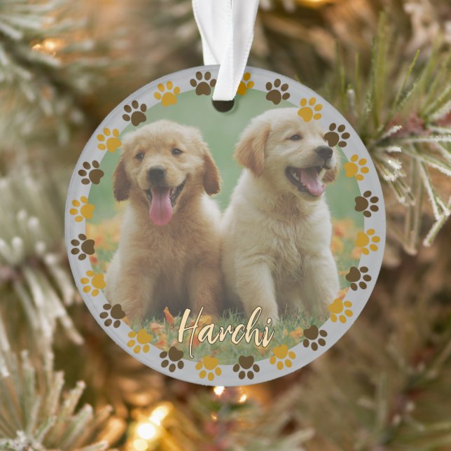 Custom Paw Prints Pet Photo Ornament with Name (Tree)