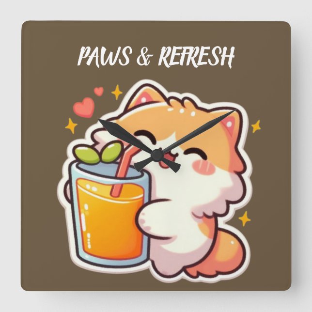 Custom Paws and Refresh Cute Cat Design Square Wall Clock (Front)