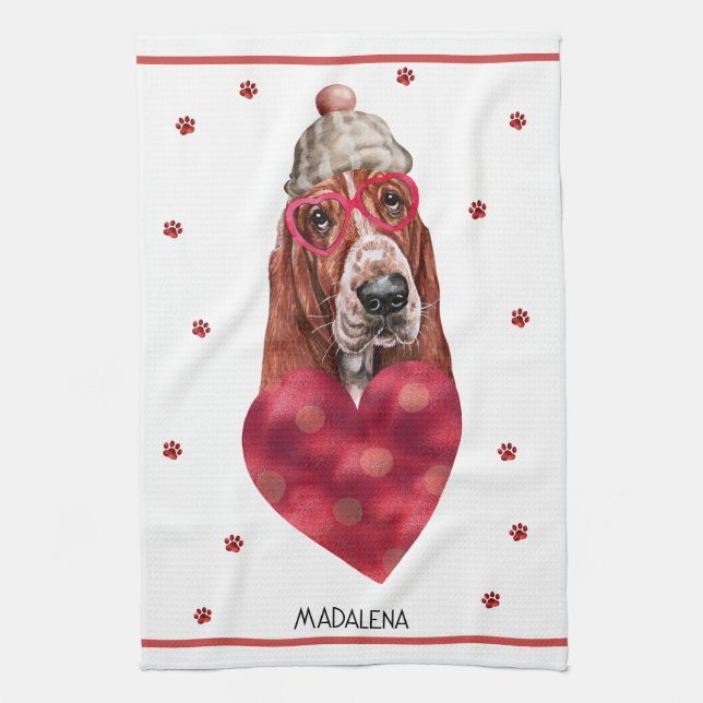 Custom Paws Dog Lover Valentine Gift Basset Hound Tea Towel (Vertical)