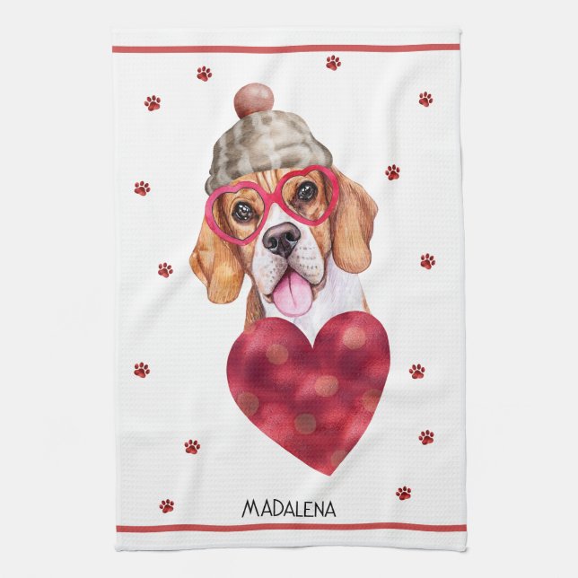 Custom Paws Dog Lover Valentine Gift Beagle Tea Towel (Vertical)