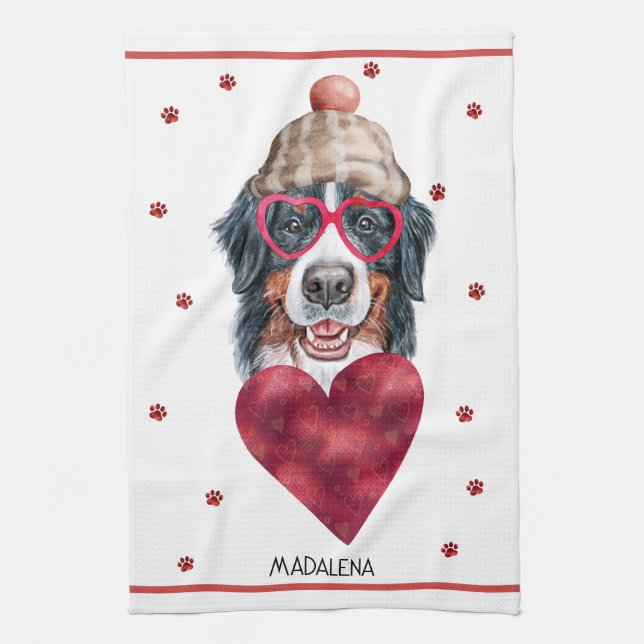 Custom Paws Dog Lover Valentine Gift Bernese Tea Towel (Vertical)