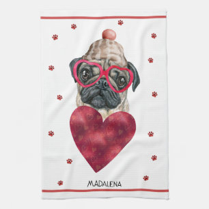 Custom Paws Dog Lover Valentine Gift Pug Tea Towel