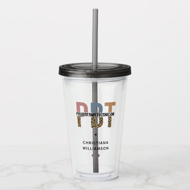 Custom PBT Phlebotomy Technician Leopard Print Acrylic Tumbler (Front)