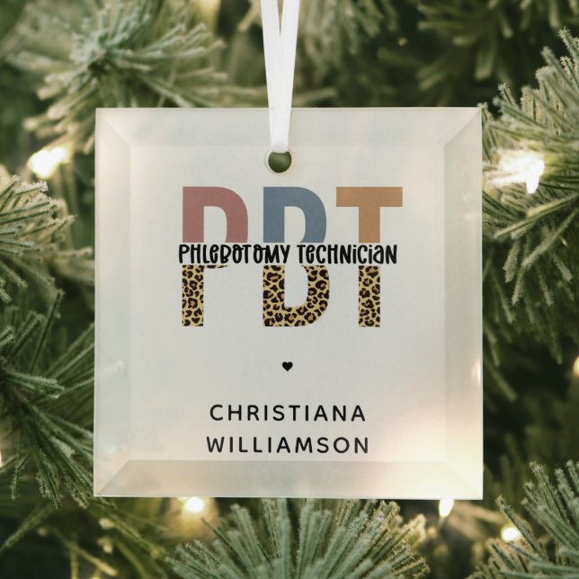 Custom PBT Phlebotomy Technician Leopard Print Glass Tree Decoration (Insitu)