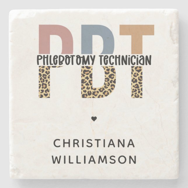 Custom PBT Phlebotomy Technician Leopard Print Stone Coaster (Front)
