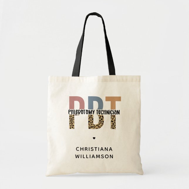 Custom PBT Phlebotomy Technician Leopard Print Tote Bag (Front)