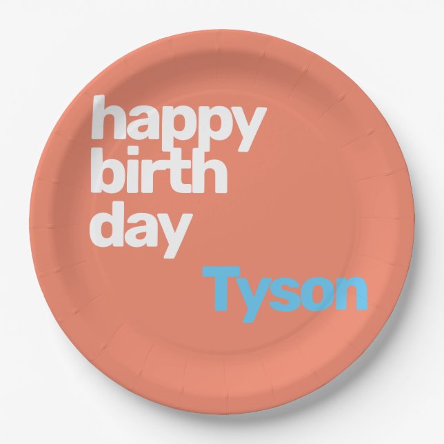 custom peach happy birthday minimal party paper  plate (Front)