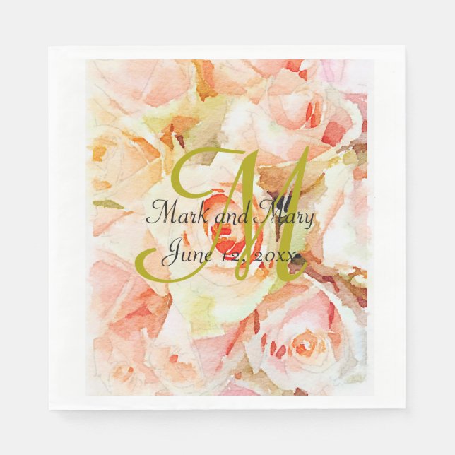 Custom Peach Watercolor Roses Wedding Napkin (Front)