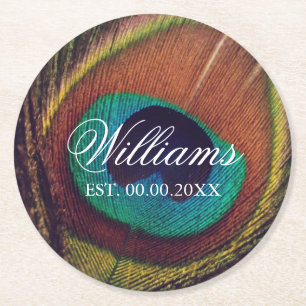 Custom peacock feather peafowl eye wedding party round paper coaster