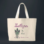 Custom Peacock Feather Teal Purple Bride Large Tote Bag<br><div class="desc">This custom bride tote bag with its teal green and purple peacock feathers and a place to put a name,  wedding role,  and wedding date makes a sweet wedding gift for a bride to be.  Add her name and wedding date!</div>