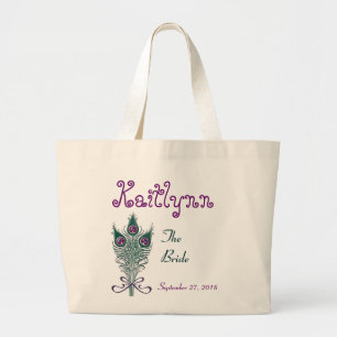 Custom Peacock Feather Teal Purple Bride Large Tote Bag