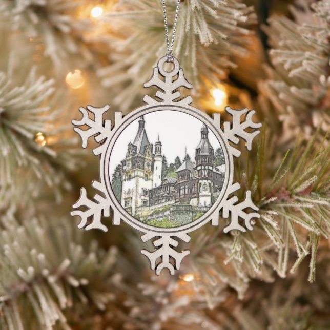 Custom Peles Castle Romania Snowflake Pewter Christmas Ornament (Tree)