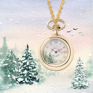 Custom Pendant Watch Necklace –Snowy Winter Forest