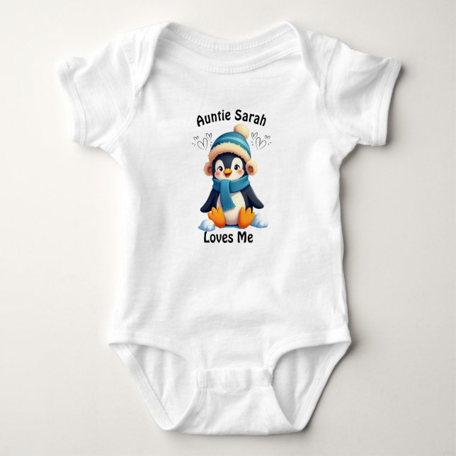 Custom Penguin Baby Suit - Auntie Sarah Loves Me! Bodysuit (Front)