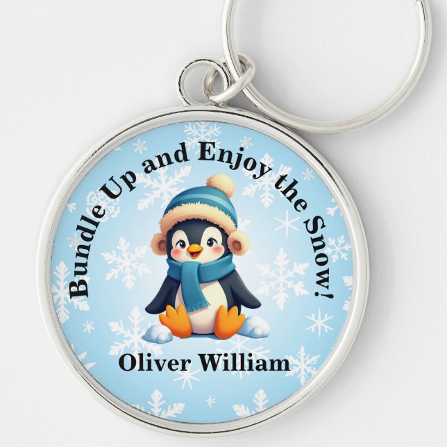 Custom Penguin "Bundle Up and Enjoy the Snow!" Key Ring (Front)